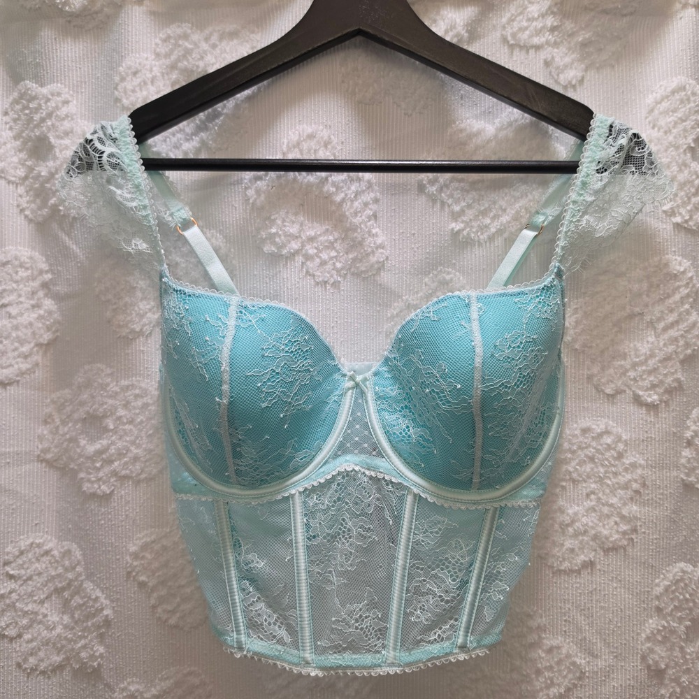 NWT Victorias Secret Dream Angels Lace Corset Top Aqua Blue S-DD
